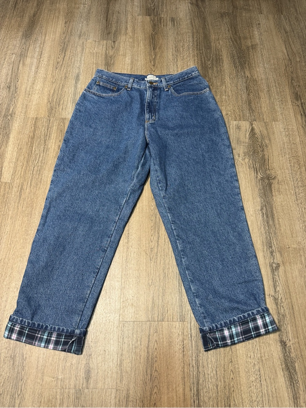 L.L. Bean Women’s Classic High-Rise Blue Denim Jeans with Plaid Lining